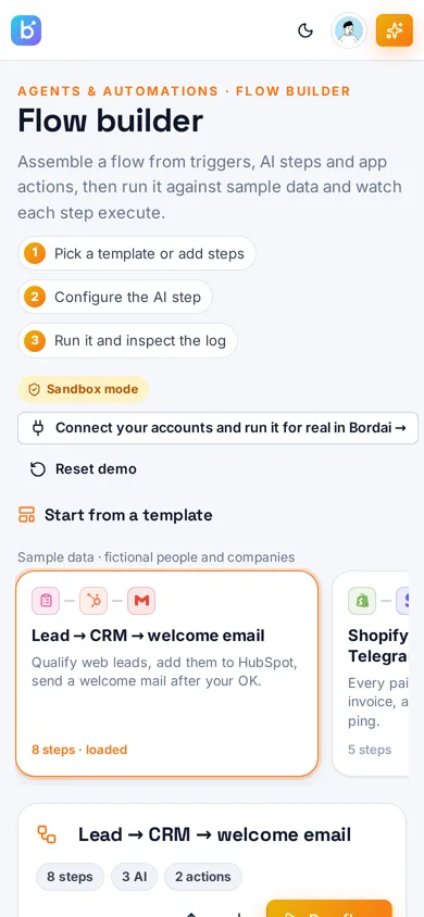 Bordai Agents & Automations demo on mobile
