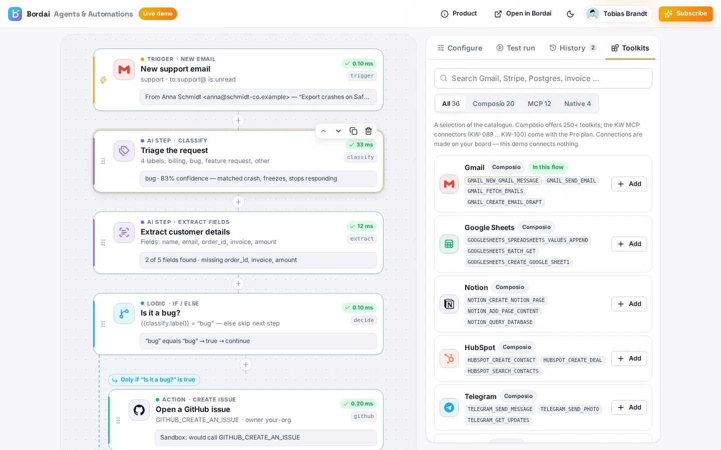 Bordai Agents & Automations demo screenshot