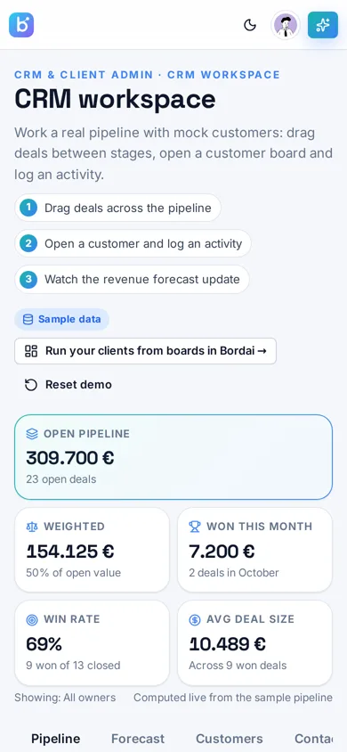 Bordai CRM & Client Admin demo on mobile