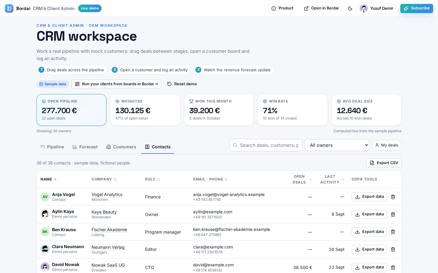 Bordai CRM & Client Admin demo screenshot