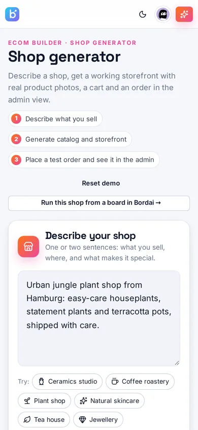 Bordai Ecom Builder demo on mobile