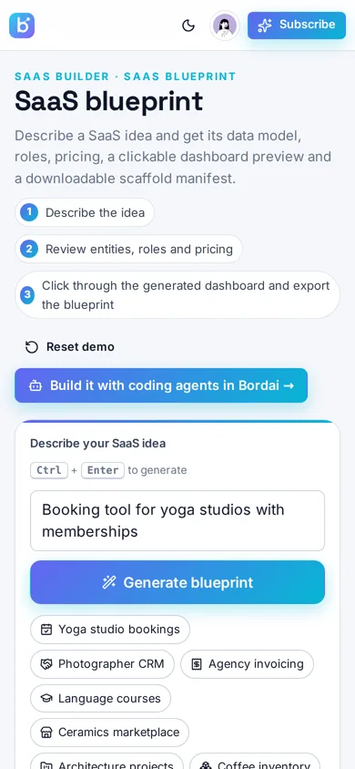 Bordai SaaS Builder demo on mobile