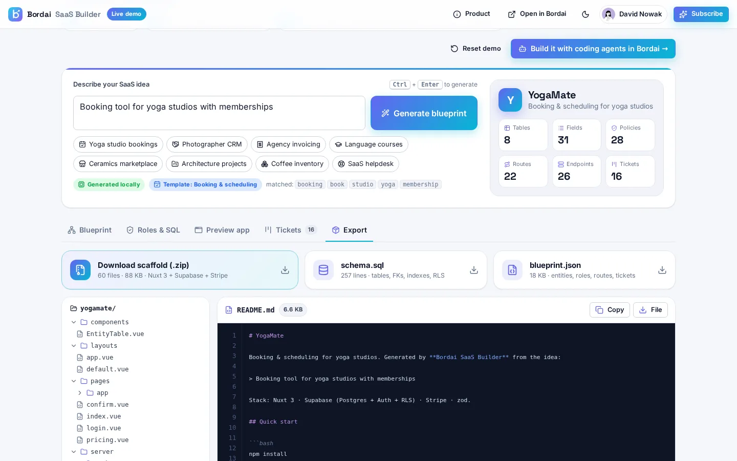 Bordai SaaS Builder demo screenshot