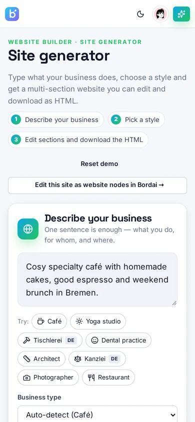 Bordai Website Builder demo on mobile