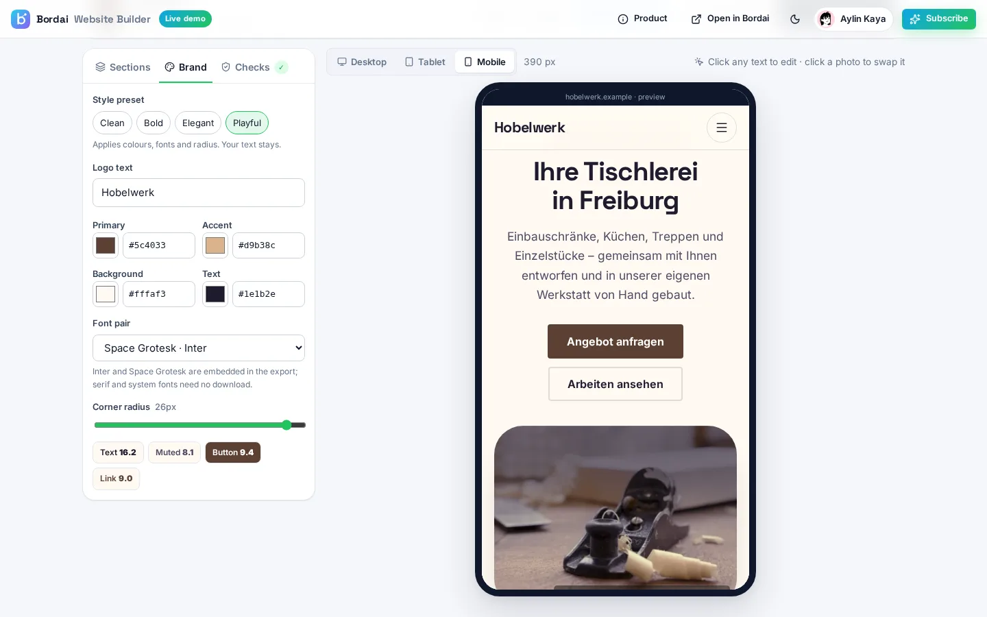 Bordai Website Builder demo screenshot
